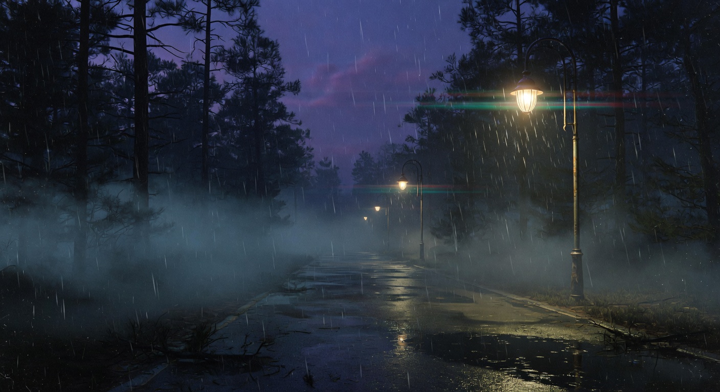 Cinematic dark pine forest in heavy rain with flickering streetlights